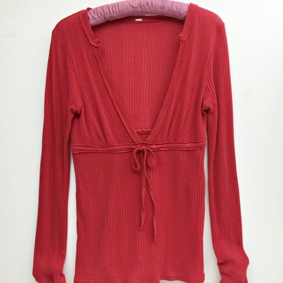 Womens Red V Neck Empire Top Long Sleeve Tie Bow M - Picture 1 of 7